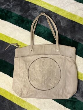 Coach Taupe Leather Tote with Signature Circle Emblem